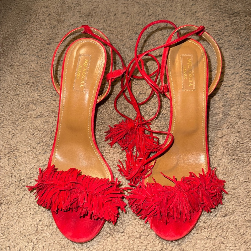 Aquazzura Red Fringe Ankle Strap Heels - Picture 4 of 6